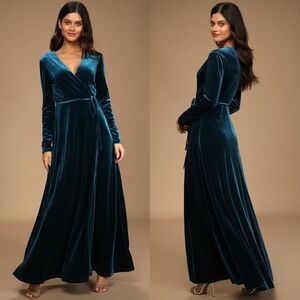 Lulus Jacinda Teal Blue Velvet Wrap Maxi Dress S Wedding Holiday Party NWT